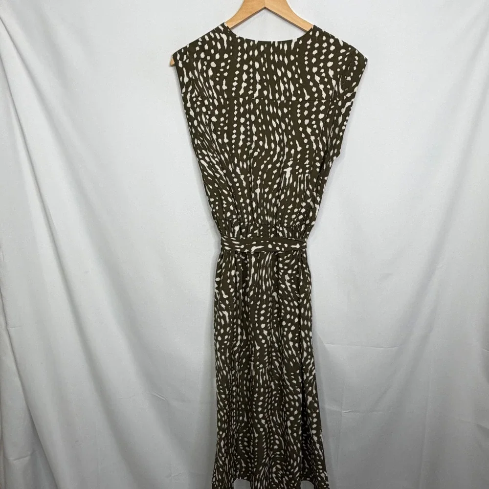 Nine Britton Mari V-Neck Midi Dress Olive Abstract Animal Print Side Slit M NEW